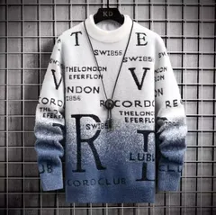 メンズ フリース風セーター ブラックオンブレ 英字プリント ルーズフィット 冬用 暖かい プルオーバー