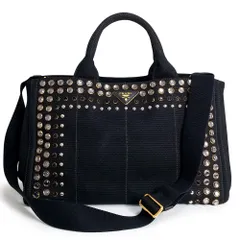 プラダ カナパ トート 2Way ショルダー ハンドバッグ 斜め掛け キャンバス ラインストーン ビジュー スタッズ ネロ ブラック ゴールド金具 B1872O PRADA（美品）