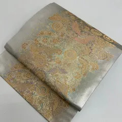 名古屋帯 金彩 蝶々に花柄 織り出し 九寸 正絹 着物 MA-879