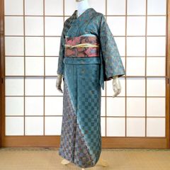 未着用 付け下げ 枝垂れ模様 蔦 リーフ 市松 紋無し 着物 013b d ms 