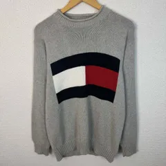 90s TOMMY HILFIGER トミーヒルフィガー ニットセーター ビッグフラッグロゴ グレー Mサイズ メンズ 古着 ストリート アメカジ