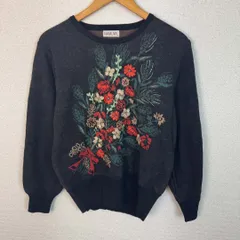 ニットセーター 花柄刺繍 ブラック レディース 古着 レトロ　総柄　ストリート