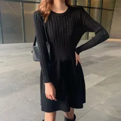 ケーブル編み ニット ミニワンピース 韓国 レディース 長袖 ワンピース 秋 冬 黒 クリーム