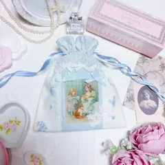 ヴィクトリアン　YUWA 女の子　巾着　ポーチ　バラ　薔薇　rose 水色　ブルー系　レース　リボン　大人可愛い　ガーリー　大人ガーリー　プレゼント　1点もの　エレガント　アンティーク　姉妹　レトロ