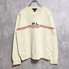 【3点以上まとめ買いで20%OFF】古着 used　POLO JEANS COMPANY　ポロジーンズ　長袖Vネックニット　ロゴ刺繍　白　ホワイト　Lサイズ