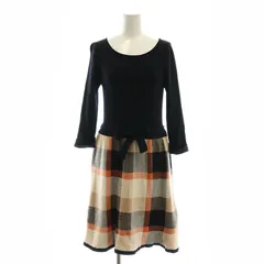 ブルーレーベルクレストブリッジ BLUE LABEL CRESTBRIDGE ドッキングワンピース ニット 膝丈 長袖 チェック柄 ベルト付き 38 黒 ベージュ マルチカラー /ES ■OS