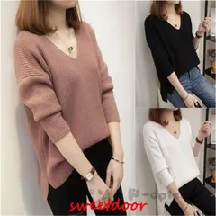 ニット レディース リブニット Vネック トップス プルオーバー ニットセーター 長袖 無地 秋 冬 ニットウェア 洗える セーター ドルマンス