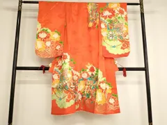 平和屋着物[]七五三　女の子　７歳　祝着　四つ身　刺繍　御所車花文　金糸　金彩　洗える着物　AAAU5494ja