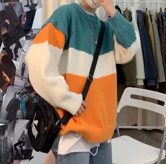 メンズ カラーブロック セーター クルーネック 長袖 ゆったりフィット フリース裏地 マルチカラー 秋冬 ニットプルオーバー カジュアル トップス