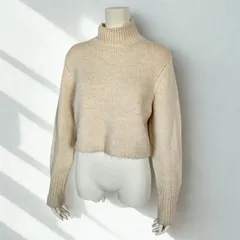 ザラ ZARA　多種素材起毛ニット ハイネック クロップド ワイドニット　クリームベージュ　レディース