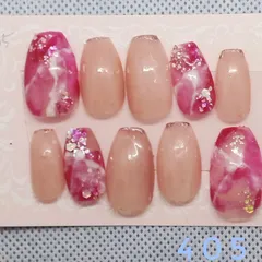 ピンクベージュ × 大理石ニュアンス　ガーリーネイルチップ　　　　　　　　　　405
