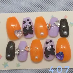 カラフル×キュートネイルチップ♡パール・リボン・ハートでお出かけしたくなるデザイン　　　　　　　　407