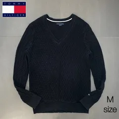 TOMMY HILFIGER トミーヒルフィガー　ケーブル編み Vネック 長袖 ニット セーターブラック Mサイズ