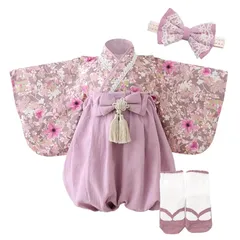 【新品】 [regalo] ベビー 袴 2ピース 70～90cm 女の子 セパレート お食い初め 和装 フォーマル 赤ちゃん 初節句 ヘアバンド 靴下 百日祝 (メルティモーヴ×ローズ, 70) 0