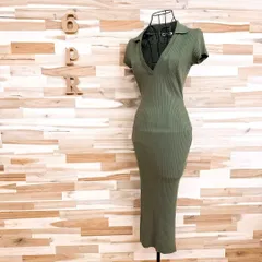 【ザラ】Vネック リブ ニット ロング ワンピース 半袖 タイト M カーキ 開襟ネック シンプル ドレス オリーブ 無地
