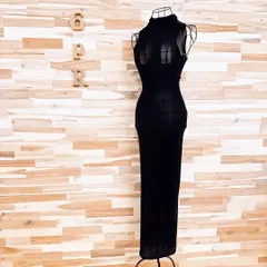 未使用【ザラ】ベロア ノースリーブ ロング タイト ワンピース S 黒ブラック ベルベット モックネック ドレス シンプル 無地