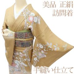 602mh69〇訪問着 金駒刺繍 金彩 ベージュ 菊 花〇美品 - メルカリ