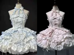 ゴスロリドレス フリル・リボン付きお嬢様 めめしい メイド衣装 可愛い ピンク　ブルー　2色からお選び