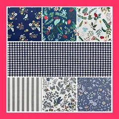 【スタッフおすすめ！】7枚 花柄 棉 カットクロス チェック ストライプ プリント生地 パッチワーク布 セット 46*56cm （ブルー）