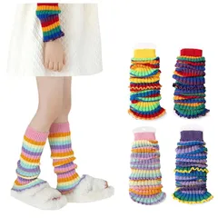 【新品】 [ZGKULAEAOW] カラフル レッグウォーマー リブニット ルーズ 靴下 レインボーカラー ダンス 衣装 ヒップホップ運動会 蛍光 コスチューム 防寒 2足セット (ピンク＆紫, フリーサイズ) 0