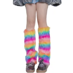 【新品】 [MQFHDTNF] レッグウォーマー ファー ルーズソックス フェイクファー ふわふわ もこもこ レッグカバー 足首ウォーマー レディース 靴下 かわいい おしゃれ Y2Kファッション ダンス衣装 レインボー 横縞 40cm (虹色横縞, 40 0