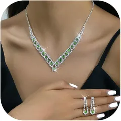 2点セット　ピアス　ネックレス　指輪　魅力的　人工宝石　シルバー　グリーン　結婚式　発表会　演奏会