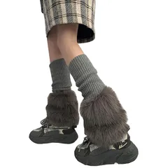 【新品】 [Laisve] レッグウォーマー ふわふわ 足首ウォーマー ファー ニット パッチワーク もこもこ 暖かい 防寒 靴下 ロング レディース ルーズソックス 冷え対策 厚手 可愛い y2k サブカル 地雷系 0