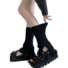 【新品】 [Ekieta] レッグウォーマーニット★太めのストライプ足首ウォーマーレッグウォーマーレディース暖かい 防寒 【サイドスリット・トランペット型・脚の長さを見せる ・高伸縮】女性レッグカバー ルーズソックス 冷え対策 厚手快適可愛い 0