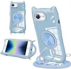 【在庫セール】360° シンプルでファッション 回転スタンド付き 猫耳デザイン iPhone SE2/SE3/7/8 SE2/SE3/7/8 スマホケース スマホケース 滑り止め 黄ばみ防止 iPhone 全面的な保護 用 長さ調節可能なネックストラップ付き