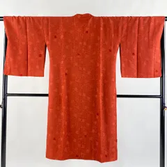 道行 身丈117cm 裄丈67.5cm L 和装コート 都衿 葉柄 地紋 朱色 正絹 名品 【中古】
