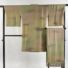 道行 身丈103cm 裄丈66cm M 和装コート 角衿 ショール付 落款 霞 ビロード 灰緑 正絹 名品 【中古】