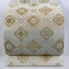【美品】 袋帯 逸品 落款 新小石丸 吉祥唐織 七宝 華文 金糸 灰白 六通 正絹 【中古】