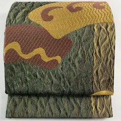 袋帯 秀品 唐草 幾何学 刺繍 金糸 緑 六通 正絹 【中古】