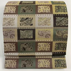 【美品】 袋帯 秀品 花 唐草 灰緑 全通 正絹 【中古】