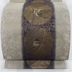 袋帯 秀品 鳥 花唐草 箔 灰色 六通 正絹 【中古】