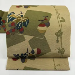 【美品】 名古屋帯 秀品 生り物 色紙 縮緬 ベージュ 正絹 【中古】