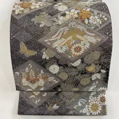 【美品】 袋帯 秀品 関西仕立て 花鳥 蝶 唐織 箔 黒灰 六通 正絹 【中古】