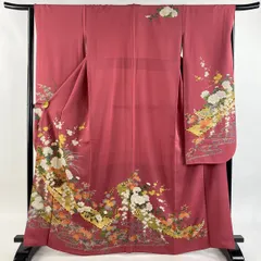 振袖 身丈165cm 裄丈65.5cm M 袷 花籠 流水 金彩 ピンク 正絹 秀品 【中古】