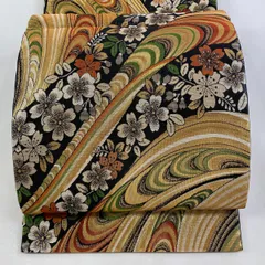 【美品】 袋帯 秀品 振袖向き 桜 流水 箔 金色 全通 正絹 【中古】