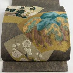 【美品】 袋帯 秀品 椿 松梅 金銀糸 箔 灰茶 お太鼓柄 正絹 【中古】