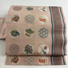 名古屋帯 秀品 玩具 有職文様 金糸 薄ピンク 正絹 【中古】