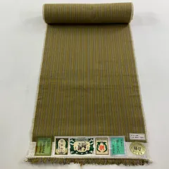 反物 逸品 結城紬 証紙有 はたおり娘 縞 茶緑色 正絹 【中古】