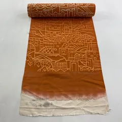 反物 優品 羽尺 羽織 和装コート 建物 樹木 オレンジ 正絹 【中古】