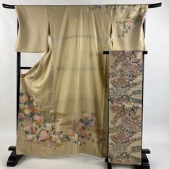 名古屋帯 秀品 家屋 樹木 ベージュ 正絹 中古 名古屋帯 秀品 八寸名古屋帯 トンネル仕立て 建物 樹木 金糸 ベージュ