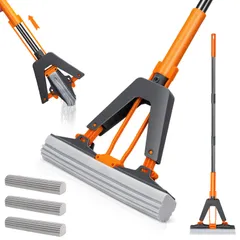 新品 Masthome スポンジモップ フロアモップ フロアワイパー 激絞りワイパー フローリング 吸水モップ フラットモップ 軽量 乾湿両用 乾拭き 水拭き ワイパーモップ 風呂掃除 激絞り 吸水ワイパー 水拭きワイパー 替えヘッド3枚 収納簡単