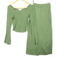 ユニクロ UNIQLO × マメクロゴウチ Mame Kurogouchi ニット セットアップ 3Dリブスクエアネックセーター 長袖 3Dリブロングスカート 綿 レーヨン M M/L グリーン kz10798