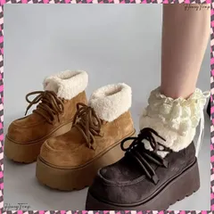 送料無料 厚底ムートンブーツもこもこショートブーツ レディース レースアップブーツ 防寒シューズ 履きやすい裏起毛ブーティ 歩きやすい あったかシューズ 大人可愛い軽量冬靴 美脚脚長ブーツ秋冬 おしゃれブーツ新作 疲れない保温暖かい