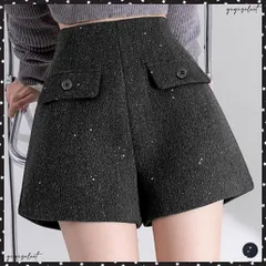 ラメ付きショートパンツ 秋冬 ツイード風 レディース 体型カバーワイドパンツ ハイウエストきれいめ短パンおしゃれ 着やせショーパン美脚脚長 韓国風ポケットデザイン 高く見えショーパン エレガントオシャレ 大人可愛いボトムス