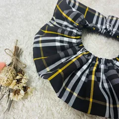 【試作お試し価格】タータンチェック柄スタイ／シックなダークブラウン×マスタードライン｜男女兼用・お出かけコーデに