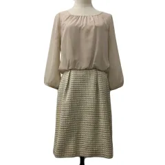 ナチュラルビューティーベーシック NATURAL BEAUTY BASIC ワンピース フレア ミニ ラウンドネック ドッキング ギャザー 切替 タック 長袖 M ベージュ 白 ホワイト